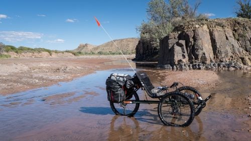 Trikes have lots of advantages over bikes. For bikepacking, the biggest plus is all the cargo space. Between the rack and two panniers I carried a tent, a sleeping bag and pad, cooking gear, several days’ worth of food, about a gallon of water, clothes for riding and chilling at camp, and even a book. And there was plenty of space for more.