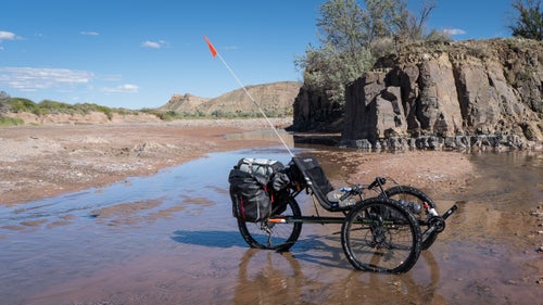 Trikes have lots of advantages over bikes. For bikepacking, the biggest plus is all the cargo space. Between the rack and two panniers I carried a tent, a sleeping bag and pad, cooking gear, several days’ worth of food, about a gallon of water, clothes for riding and chilling at camp, and even a book. And there was plenty of space for more.