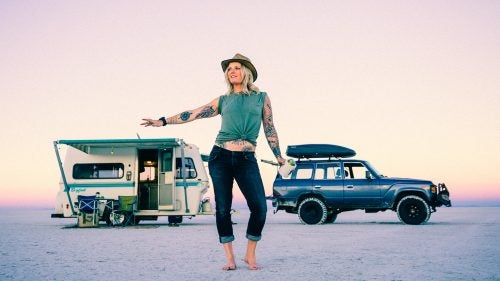 Professional skier Kalen Thorien has been living out of her 1993 Bigfoot trailer and 60-series Land Cruiser for two years. This past winter, she used the setup to chase powder all over British Columbia, and then posted up at Brundage Mountain Resort in Idaho. “The snow was just too good, plus they have free camper parking,” Thorien says. Right now, she’s filming with Warren Miller on Beartooth Pass in Montana, and she’ll be headed to Escalante National Monument in Utah later this month for canyoneering and backpacking. For Thorien, the ability to chase snow, or any good adventure, has been freeing. “It’s been great to just move with the seasons and go where I want to go,” says Thorien. “It allows me to go to all the places I really love and not have to sacrifice being stuck owning a home or renting a place.”