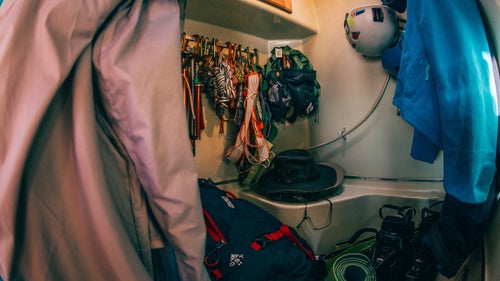 “I didn’t want to deal with a septic system, so I changed my ‘wet bath’ to a ‘wet-gear room.’ It holds all my climbing gear, mountaineering gear, canyoneering gear, outerwear, tents, backpacks, ice axes, yoga mats, and laundry.”