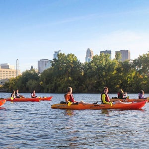 A leisurely kayaking trip down the Mississipi River is one way to see the downtown skyline.