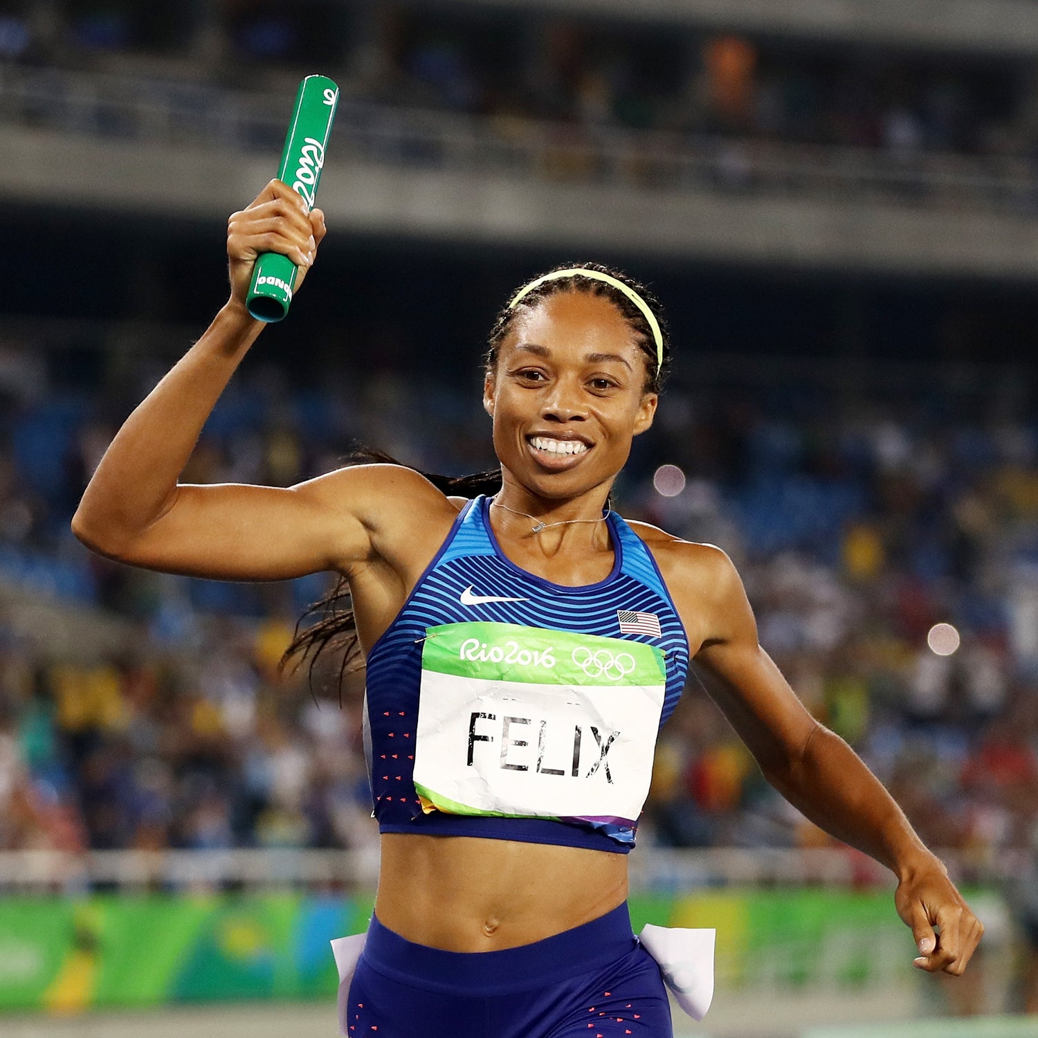 Allyson Felix after winning gold in the Women's 4x400 meter Relay in Rio.