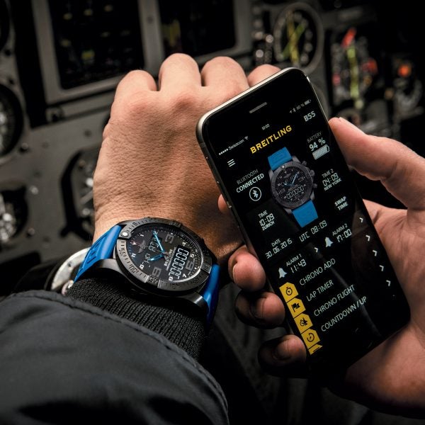 Breitling's Exospace B55 features flight time logs, world time zones, multiple alarms, and countdown timers.