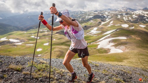 French runner Caroline Chaverot ran the first half of Hardrock at a blazing speed, hanging with the top men under course record pace. Late on Friday night, she would take a wrong turn before Telluride, around mile 70, a mistake that took her an hour and a half to correct. Here, she climbs to the summit of 12,592-foot Stony Pass early in the race.