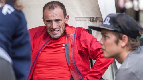 Iker Karrera, from Spain, was running at the front of the pack for the first half of the race before developing a debilitating stomach ache. Here, he grimaces in pain at the Ouray aid station, where he rested for an hour and a half. He eventually rallied and managed to finish in sixth place.