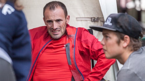 Iker Karrera, from Spain, was running at the front of the pack for the first half of the race before developing a debilitating stomach ache. Here, he grimaces in pain at the Ouray aid station, where he rested for an hour and a half. He eventually rallied and managed to finish in sixth place.
