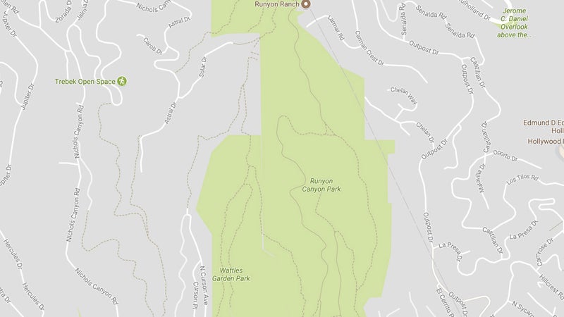 Now here's a standard Google Map of the kind you'd call up on your phone. There's more trails visible, more information about surrounding streets, and you can use that ominpresent blue dot to locate yourself, but there's still no information about elevations, terrain features, or plant life. Judging by this, you could just walk straight across the park east-to-west. In real life, there's no way you'd ever manage that. More information is needed to effectively navigate.