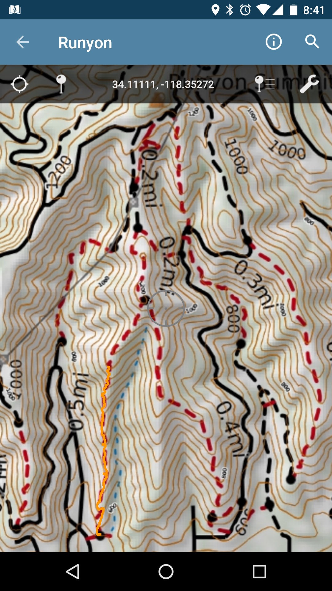 Another 30 seconds of work put a hybrid topo/trail map on my phone, via Avenza Apps, complete with simple location and tracking information. The orange track was yesterday morning's hike; the puppy got tired a little before the summit.