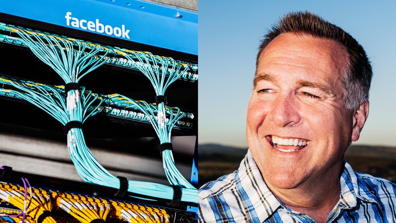 Facebook networking cables (left) and Facebook data center’s former director of operations, Ken Patchett (right).