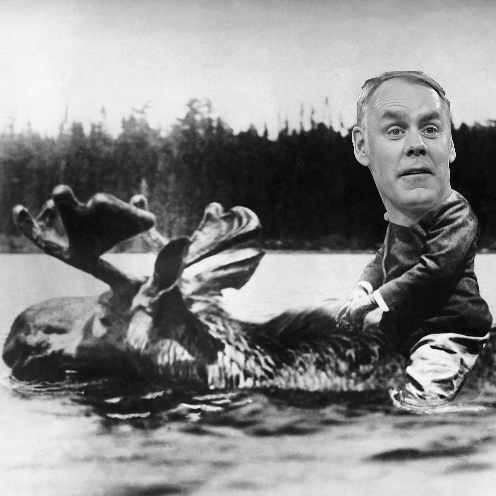 Theodore Roosevelt is shown riding a moose. Collaged photograph, undated. --- Image by © Underwood & Underwood/CORBIS