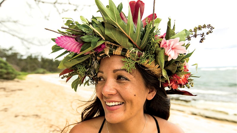 Wearing a homemade lei.