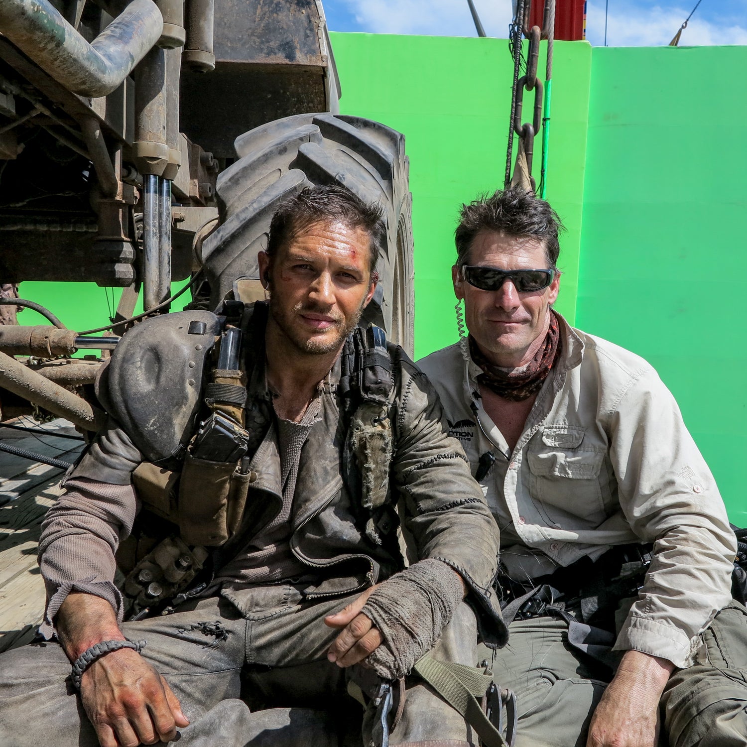 Stunt rigger Keir Beck with actor Tom Hardy on the set of 'Mad Max: Fury Road'