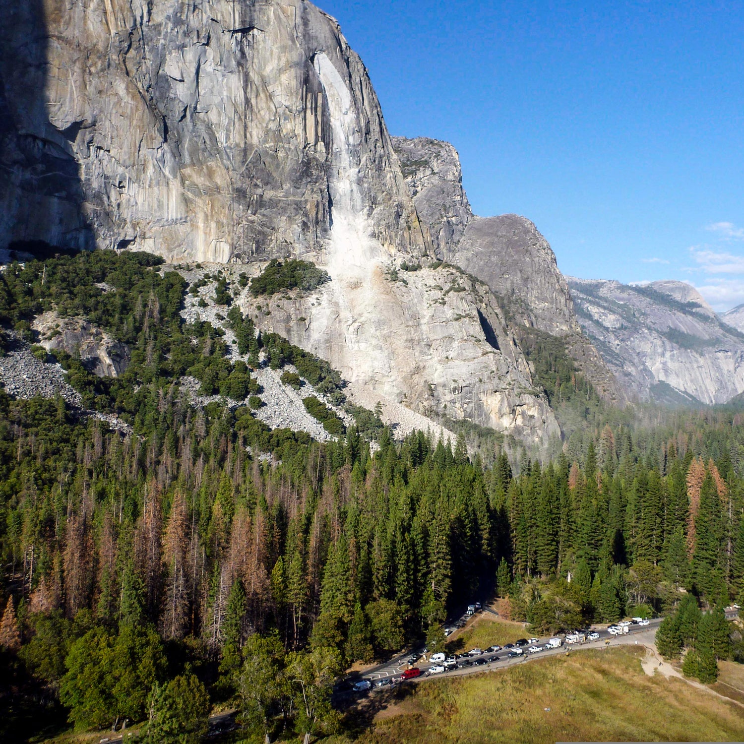 This Thursday, Sept. 28, 2017 photo shows a rock fall off the iconic El Capitan rock formation in Yosemite National Park, California.