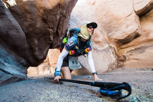 Stage 1 course offers dificulties in all the terains imaginable. Australian runner , Matthew finds a small opening in a canion crevasse and has to crawl on all fours to get through to the other side.