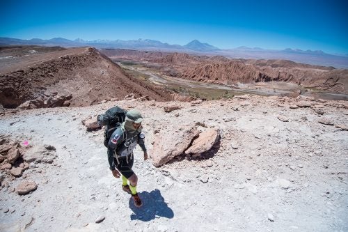 After the valley of death and tunnel crossing, athletes arrive at a ridge where they are able to absorb the view of the huge part of the the course completed. From the green vegetation along the river crossings to the mars like uphill terrain of the valley of depth. Always with the majestic Licancabur Volcanoe overlooking them.