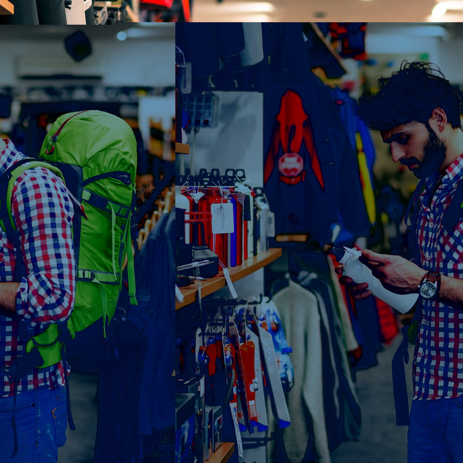 Man in sports & outdoor store buying items for outdoor activities.