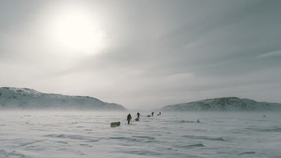The team travels through windy conditions early in the mini-expedition.