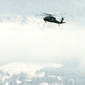 File photo: A Blackhawk helicopter arrives at the Hood River airport to assist in the search and rescue of two missing climbers on Mt. Hood December 18, 2006 in Hood River, Oregon.