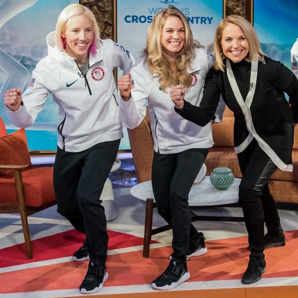 The US Cross Country Ski Team ladies Kikkan Randall, Jessie Diggins, Sadie Bjornsen and Ida Sargent with Katie Couric at the 2018 Olympic Winter Games in PyeongChang, Korea