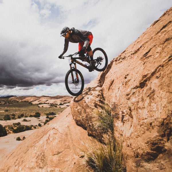 Ben Duke mountain biking the Slickrock Trail in the Sand Flats Recreation Area, Moab, Utah.