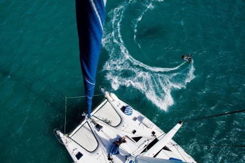 “I’ve always been fascinated by the bird’s-eye view,” says Wright, who took this 2011 photo of a kitesurfer off the coast of Australia’s Eagle Island, on the Great Barrier Reef. “On the trip, I’d shot at water level and I’d shot underneath. So I thought, Why not go up the mast and try something different?”