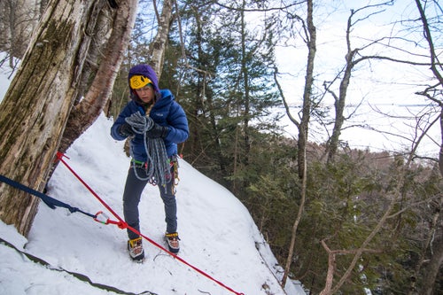 All climbs are accessible from the top, which makes anchor building extremely easy and efficient. Professional climber Angela VanWiemeersch sets up anchors for her intro to ice class, she utilizes the abundance of large trees while setting up for classes, they make for great anchor points.