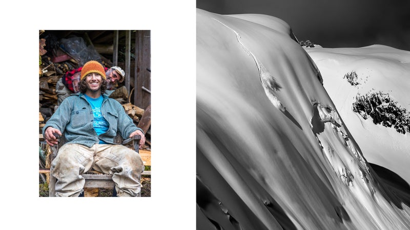 Roberts at home with his dad, Steve (left); skiing a line called Little AK on Washington’s Table Mountain (right)