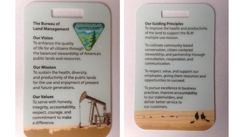 The cards issued to employees of the Bureau of Land Management
