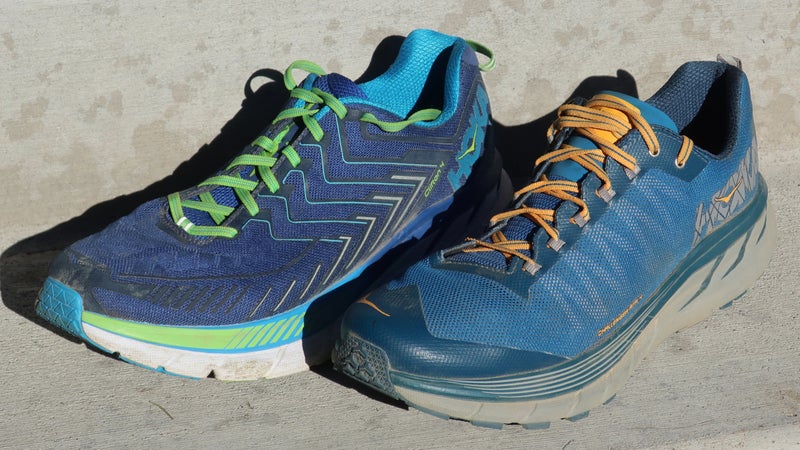 The Clifton 4 (left) and Challenger ATR 4 (right) share the same last and a similar midsole and rocker, but are otherwise very different shoes.
