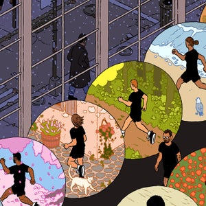 Video loops allow a user to “run” through scenic destinations all over the world, from the mountains of Tibet to the Sequoia National Forest.