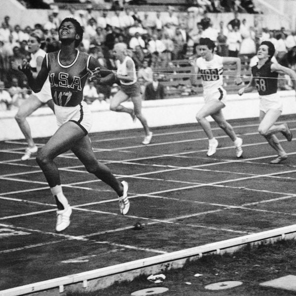 Wilma Rudolph sprints accross the finish line at the 1960 Summer Olympics.