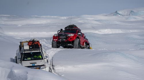 For this trip, the E7 team used three Toyota Hilux pickups, heavily modified for glacier travel by Arctic Trucks.