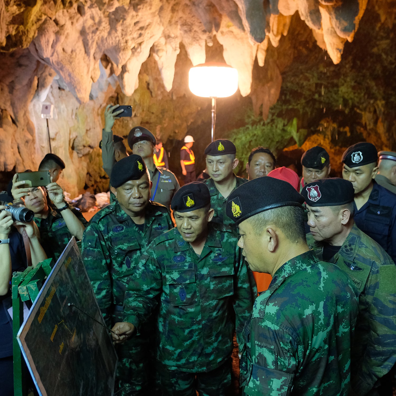 Thai officers supervise the rescue mission inside Tham Luang Nang Non cave on June 28.