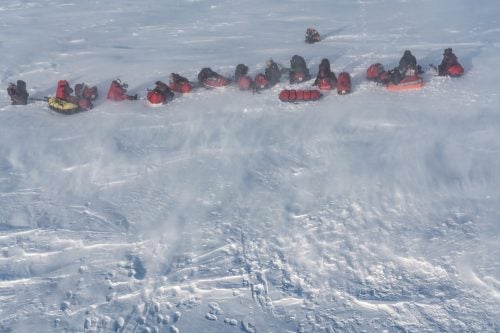At 2:30 a.m., hunching against blowing snow and the howl of the chopper, the team is left on a crust of frozen Arctic Ocean huddled with what they’ll need to survive for 12 days. It’s time to move—standing around in these temperatures can be fatal. The team clicked into their bindings and strapped on harnesses as the MI8 chopper became tinier and tinier, disappearing into the frigid blue Arctic sky.