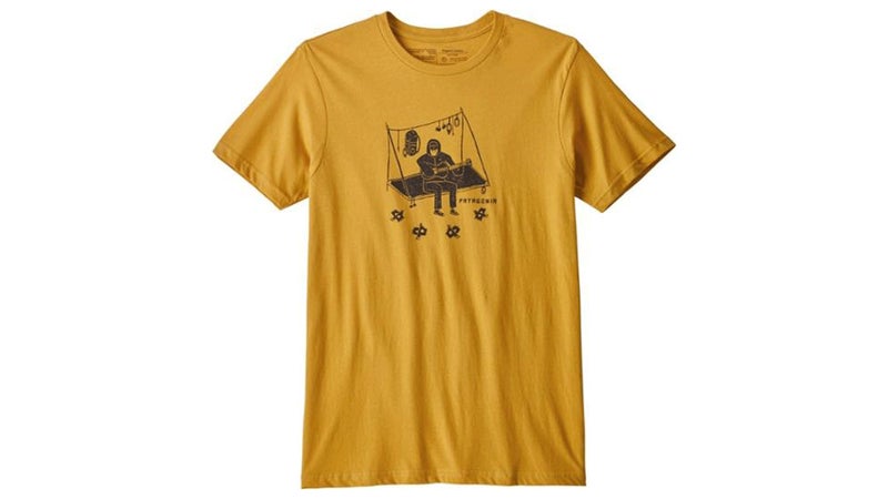 yellow tshirt with picture of person on a portaledge