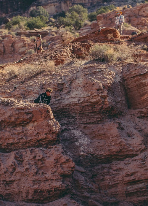 Brendan Fairclough stares down a nearly vertical chute to drop feature. Riders typically try to ride each individual feature before linking together their full competition run.