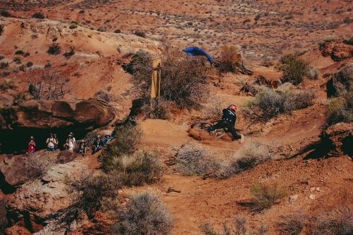 Brett Rheeder took a fall practicing his line a day before the contest, nearly sliding off the edge of a following cliff drop. Even the so-called mellow sections of Rampage have high consequences.
