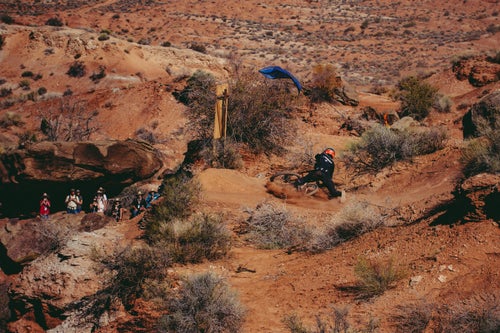 Brett Rheeder took a fall practicing his line a day before the contest, nearly sliding off the edge of a following cliff drop. Even the so-called mellow sections of Rampage have high consequences.