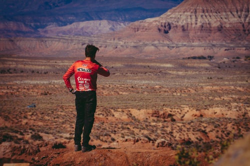 Remy Metailler looks out at a series of jumps that culminated in a massive 60+ foot long kicker into the finish corral.