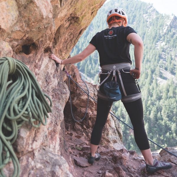 A woman climber during one of the Phoenix's group climbing outings in Boulder