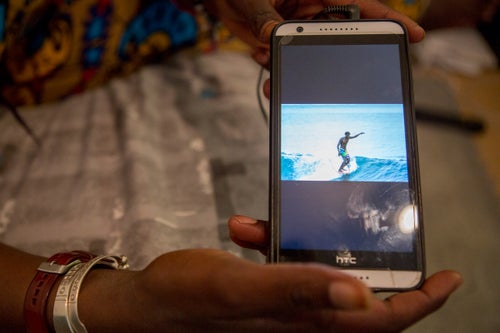 Sambe shares a photo of one of her first fans: her uncle Kouka, who encouraged her to surf when she was a teenager. After a video of Sambe showed up on the local news in California in September, she became an overnight sensation. Hundreds of people saw it on Facebook in Senegal and around the world. Harper says donations poured in, raising funds for an upcoming trip to compete in Japan (they ended up not being able to make it due to immigration complications). Even a month later, Harper says she gets about ten calls a day from Senegal. Sambe received hundreds of Facebook friend requests from fans back home. “She’s a newfound celebrity,” said Harper. “She’s going to be larger than life when she goes back.”