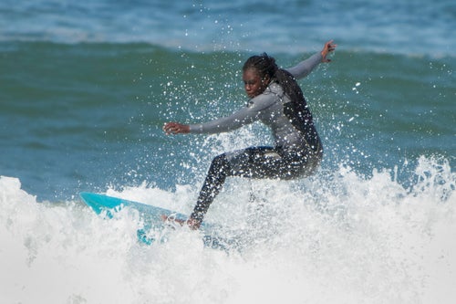 Besides Olympic greatness, Sambe wants to spread her love of surfing to other girls back in Dakar, where she has worked as a surf instructor for the last six years. She mostly works with white tourists now, but she wants to work with local Senegalese girls. “I want it for black girls, all girls, not just me,” she says. She wants to start a surf school in Dakar, and with Harper’s help, she has already started laying the groundwork, figuring out what she needs to do and how to secure funding. “I’m 100 percent behind her,” says Harper.