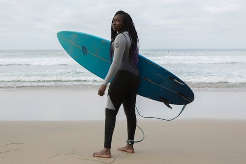 When Khadija “Khadjou” Sambe started surfing at 14, she was the only local woman in the waves in Dakar, Senegal, where she’s from. She spent her teenage years surfing with her uncles and cousins, hoping to one day find a community of professional female surfers who she could train with and compete against. Now 23, she lives in Northern California, training every day with the hopes of going pro, representing her country at the Tokyo 2020 Olympics, and inspiring a new generation of Senegalese girls.
We spent three days with her in San Jose and Santa Cruz, California, where she lives and surfs. Sambe is 6,000 miles away from Dakar, but she says when she gets in the water, she’s home.