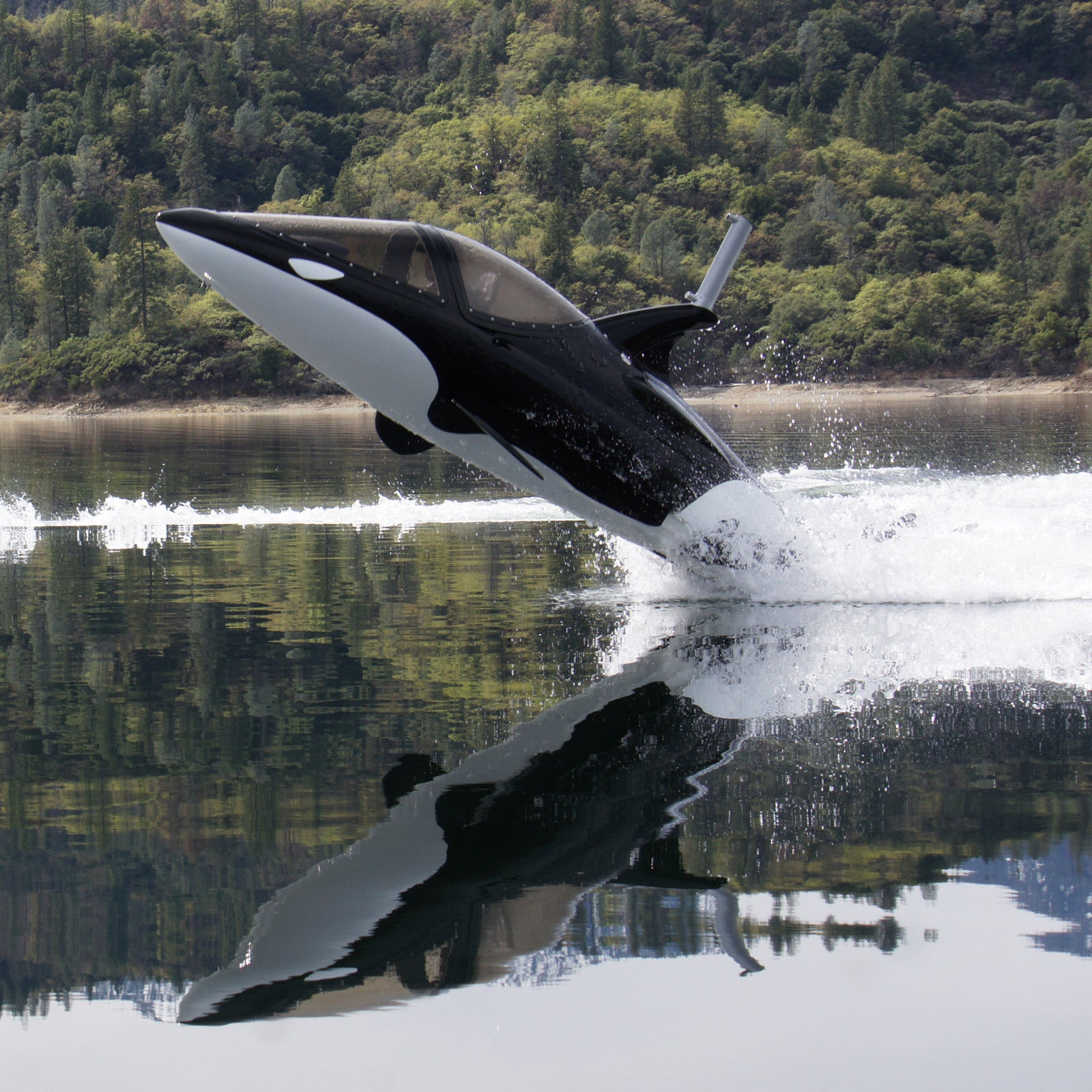 The Seabreacher can dive below the surface, leap into the air, and travel at speeds in excess of 60 miles per hour.