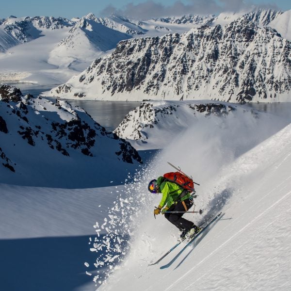 Davenport skis during the filming of