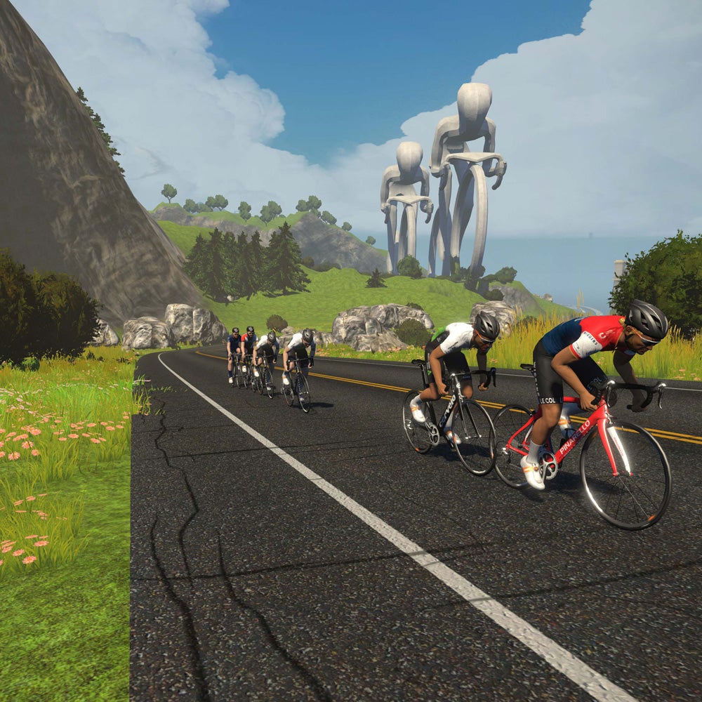 Avatars of pro riders compete in Zwift's KISS Super League, pro cycling's first-even virtual race.