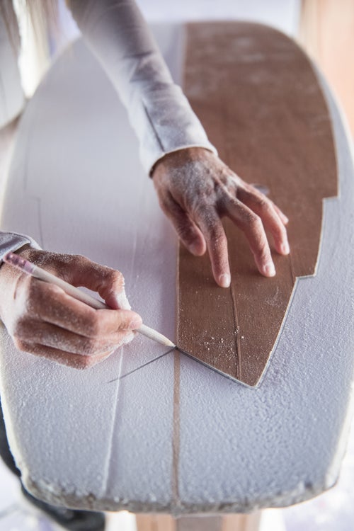 “A board built with the traditional craftsmanship, a soulful object of stoke.” Valerie Duprat traces a template for a double-winger fish board.