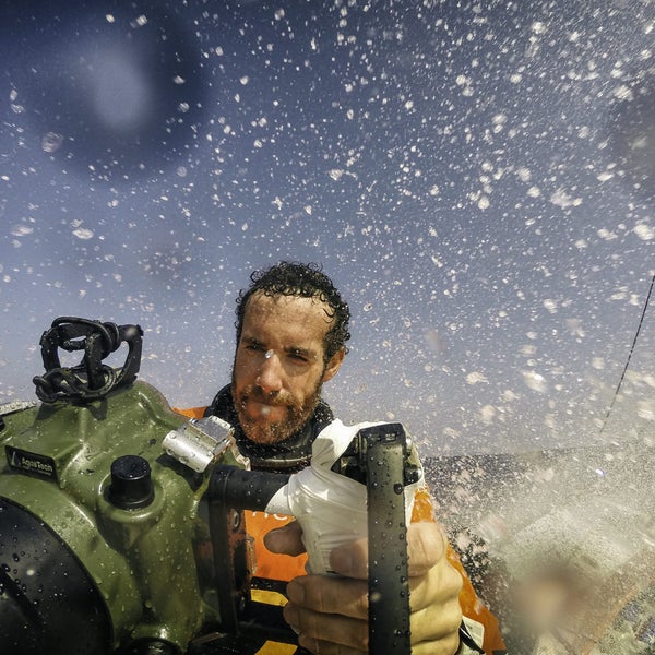 January 12, 2015. Leg 3 onboard Team Alvimedica. Day 9. Nearing the inlet between Sri Lanka and India, winds accelerate through the gap providing the fleet with a rare day of heavy-air sailing, a welcome change from the light winds that have dominated the leg. OBR Amory Ross behind the camera.