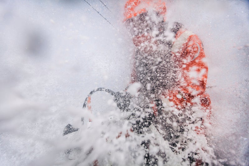 April 1, 2015: Leg five to Itajaí, Brazil, onboard Team Alvimedica. It's day 15, and conditions worsen as the fleet outruns a nasty system of low pressure moving east off the coast of South America, with uncomfortable upwind sailing in 35 to 40 knots of wind. Dave Swete pictured.