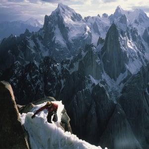 Alex Lowe on the summit ridge of Great Trango Tower. A few minutes after this photo was taken, while leading the next pitch, he slipped and fell about 50 feet down the backside of this ridge.
